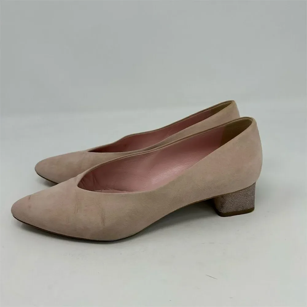 Everlane Women's V Sparkle Heeled Light Blush Pink Suede Block Pumps Size 7